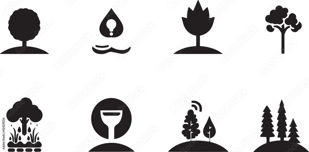 Naklejka premium A simple vector icon set featuring a water conservation, eco-friendly practices, forest preservation, and environmental care .icons in black and white style with isolated on white