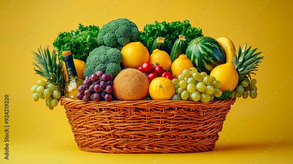 A basket of beautifully arranged fresh fruits and vegetables creates a homemade and appetizing look A basket of beautifully arranged fresh fruits and vegetables creates a homemade and appetizing look