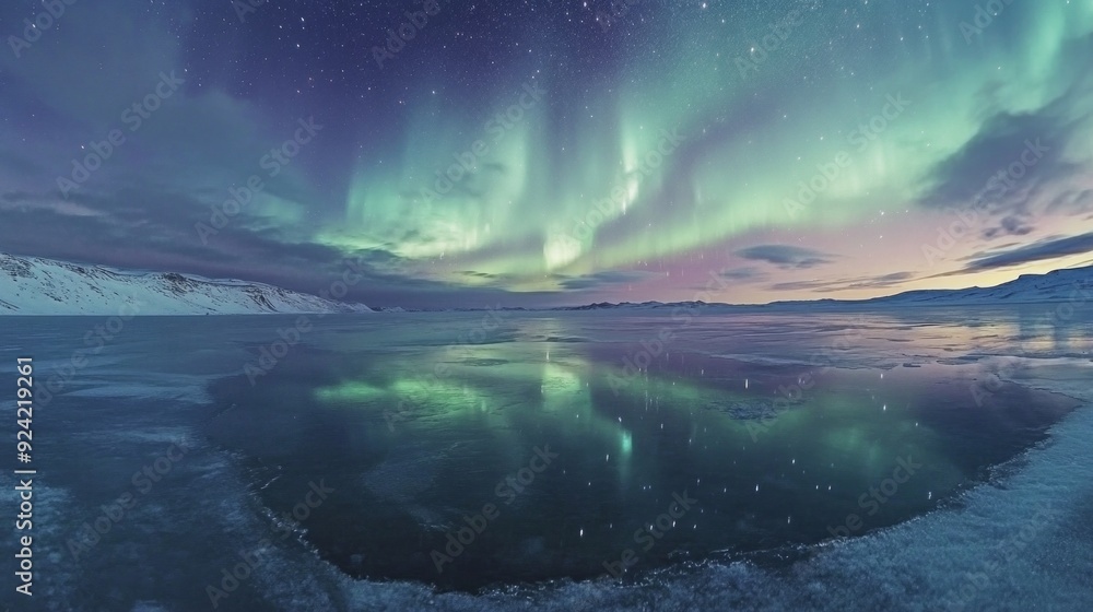 A stunning display of the northern lights illuminates the night sky over a serene frozen lake. The vibrant greens and purples create a magical atmosphere. Perfect for nature lovers. AI A stunning display of the northern lights illuminates the night sky over a serene frozen lake. The vibrant greens and purples create a magical atmosphere. Perfect for nature lovers. AI