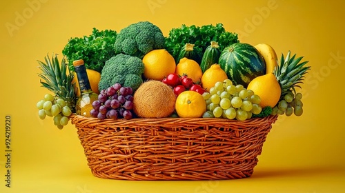 A basket of beautifully arranged fresh fruits and vegetables creates a homemade and appetizing look