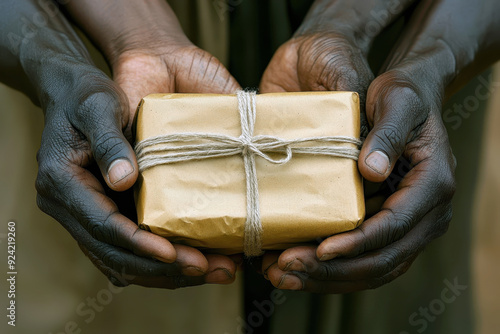 African hands holding a gift wrapped in natural paper with twine photo