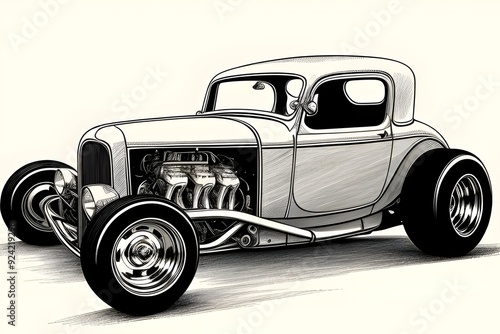 illustration of a fictional, unbranded, custom, vintage, antique, hot rod, car, unique, modified, stylized, handcrafted, artistic, restored, nostalgic, bespoke, collectible, timeless, elegant, ornate