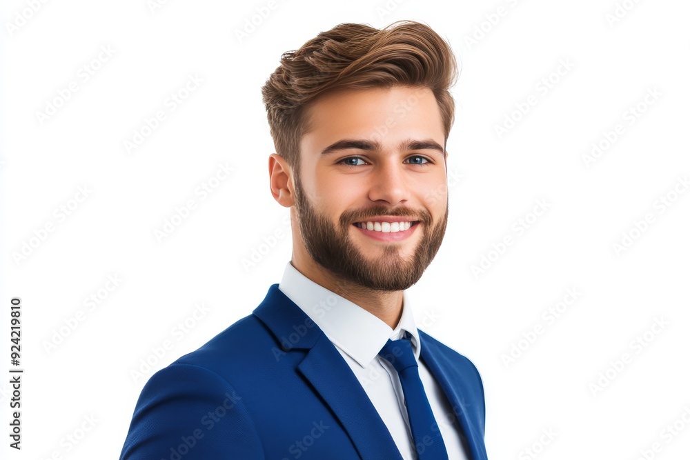 Smiling young man in a blue suit exuding confidence and modern style perfect for business and professional fashion imagery Smiling young man in a blue suit exuding confidence and modern style perfect for business and professional fashion imagery