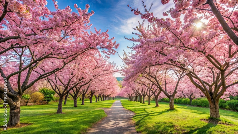 Cherry blossom garden in full bloom during spring season, cherry blossoms, garden, spring, Japan, flowers, pink, beautiful Cherry blossom garden in full bloom during spring season, cherry blossoms, garden, spring, Japan, flowers, pink, beautiful