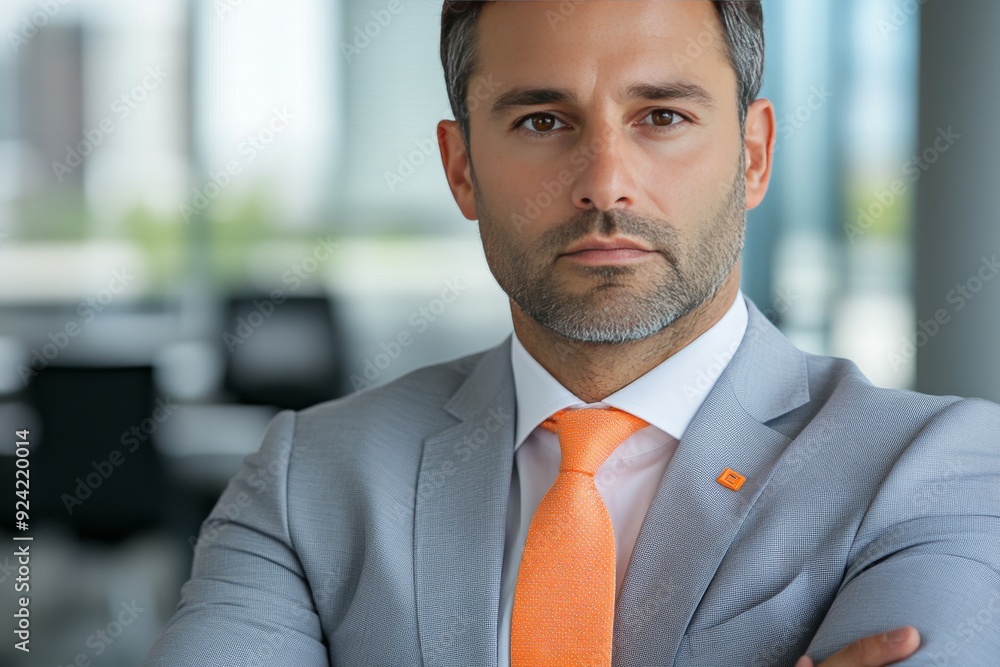 Confident middle aged man in a light gray suit with an orange tie perfect for business and corporate settings emphasizing modern professional style Confident middle aged man in a light gray suit with an orange tie perfect for business and corporate settings emphasizing modern professional style