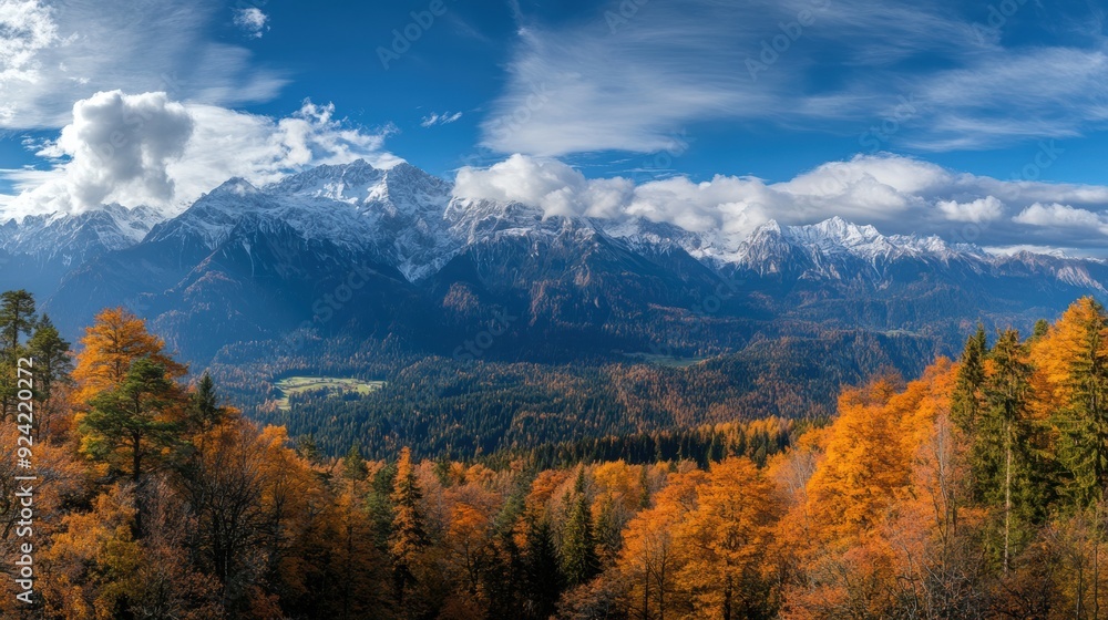 A view of a mountain range with trees in the foreground, AI A view of a mountain range with trees in the foreground, AI