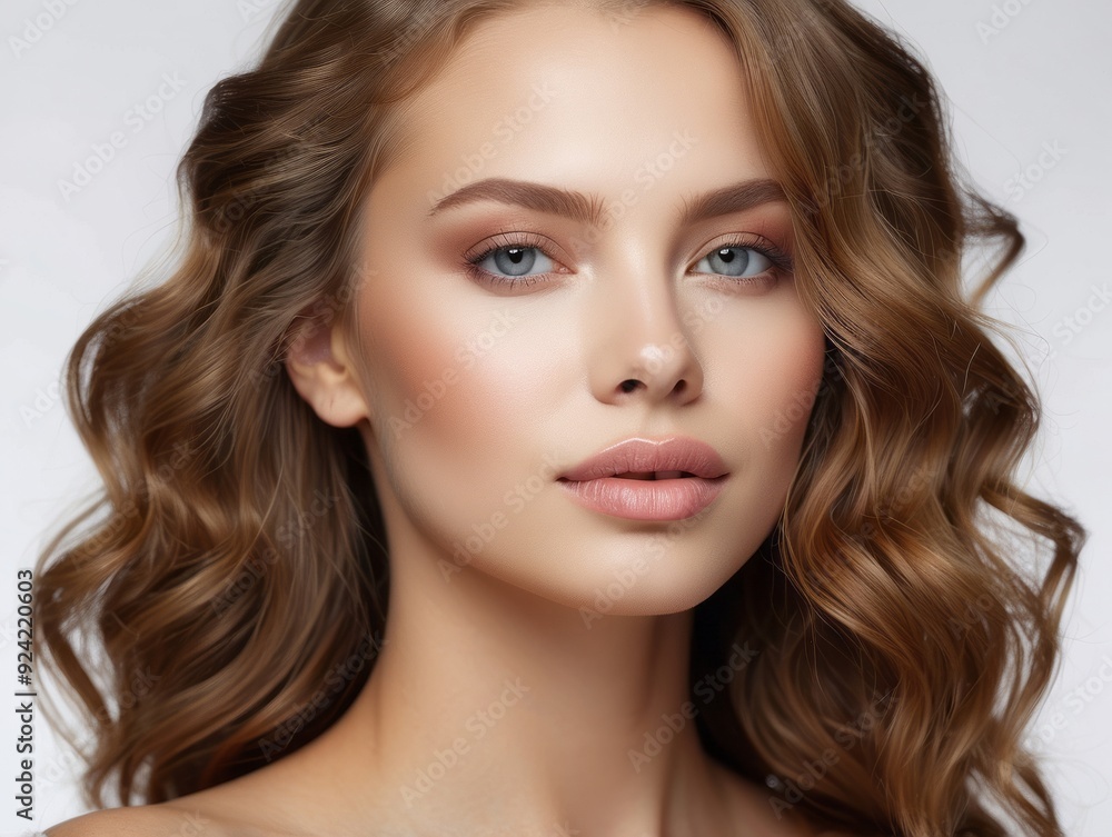 Portrait of a Woman with Long Brown Wavy Hair and Blue Eyes Portrait of a Woman with Long Brown Wavy Hair and Blue Eyes