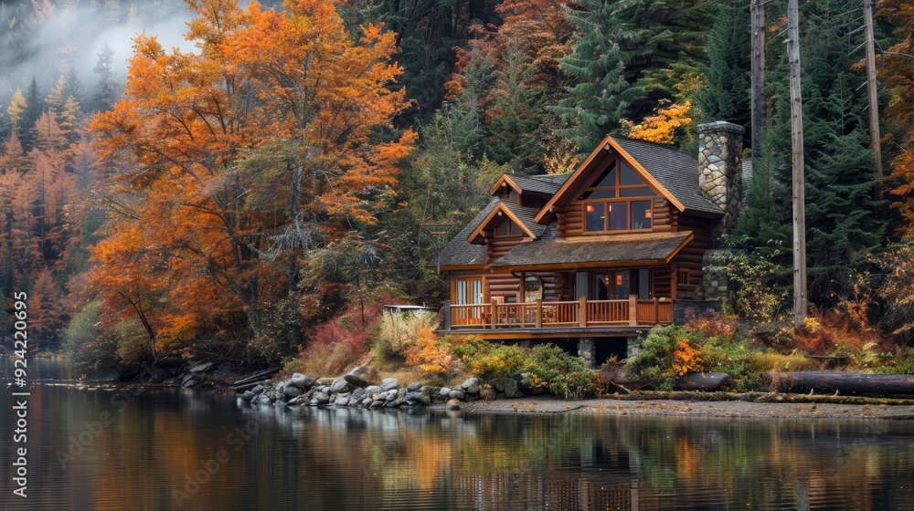 Fototapeta premium Tranquil wilderness setting cozy cabins for a serene autumn retreat escape in the peaceful outdoors