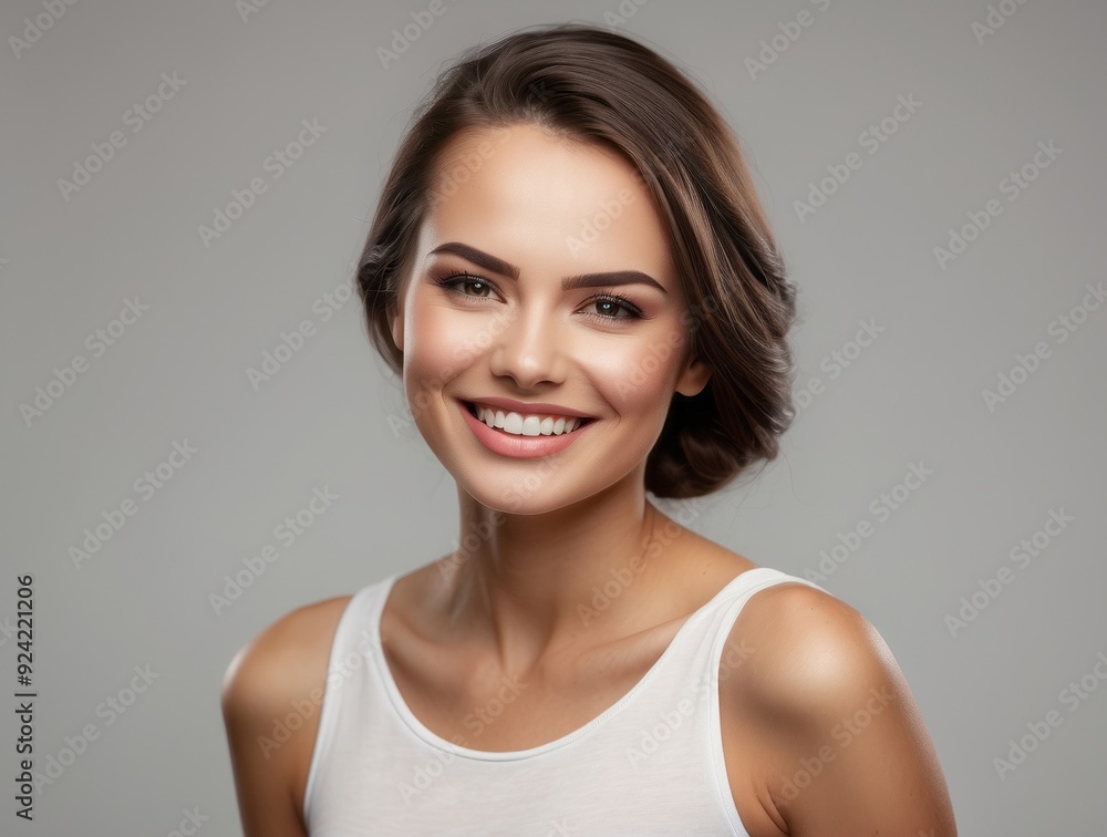 Portrait of a Smiling Woman with Brown Hair and a White Tank Top Portrait of a Smiling Woman with Brown Hair and a White Tank Top