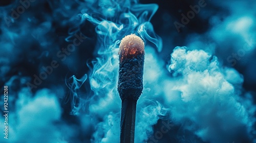  A close-up of a matchstick emitting a considerable amount of smoke against a dark blue backdrop
