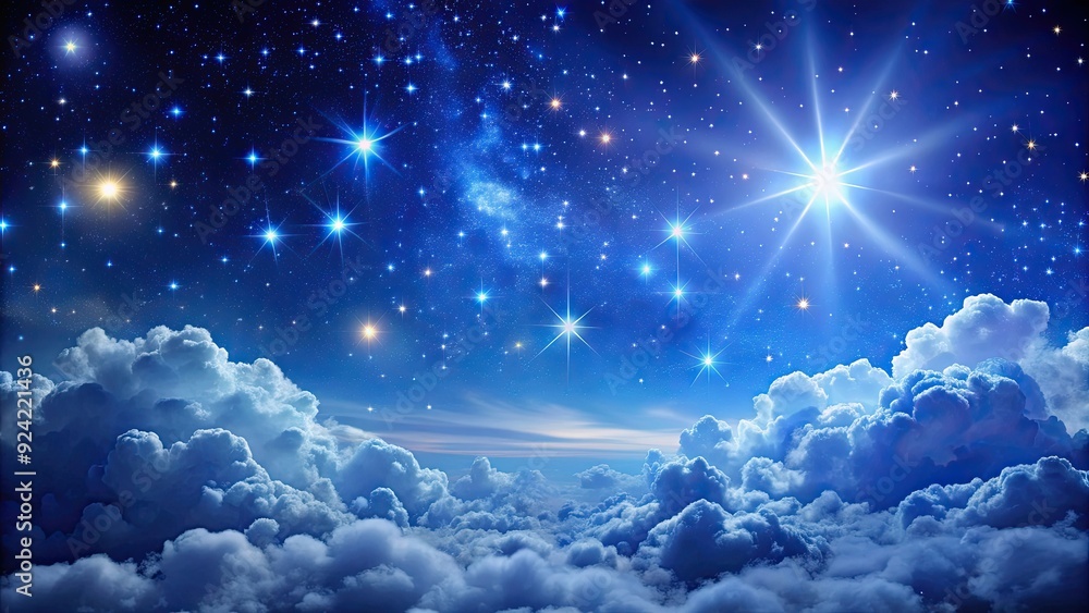 Naklejka premium Night sky filled with twinkling stars and fluffy white clouds , stars, clouds, night, sky, celestial, astronomy, galaxy