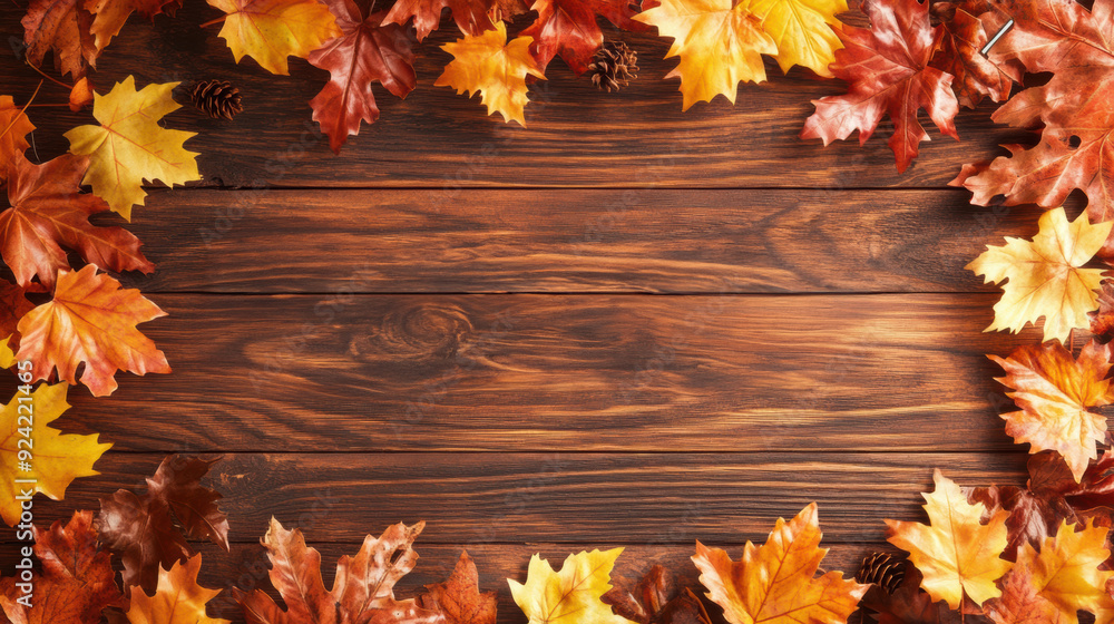 A wooden background with autumn leaves and pine cones, AI A wooden background with autumn leaves and pine cones, AI