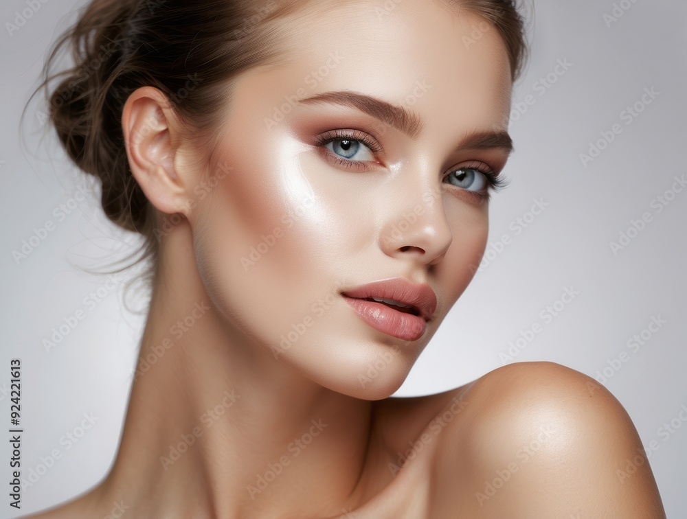 Fototapeta premium Close-up Portrait of a Woman with Smooth Skin and Blue Eyes