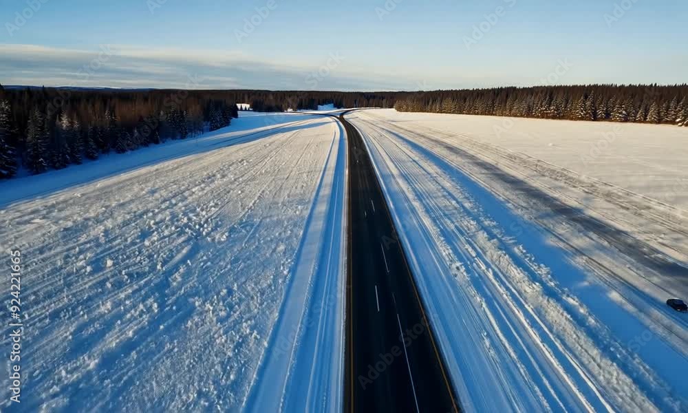 Still aerial shot of a road cutting through a snowy field Still aerial shot of a road cutting through a snowy field