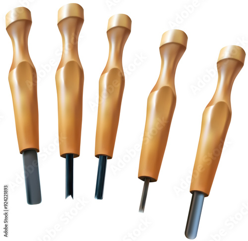 Printmaking tools used for carving linoleum and wood for making prints. Wooden handles and metal scrapers. Isolated on a white background