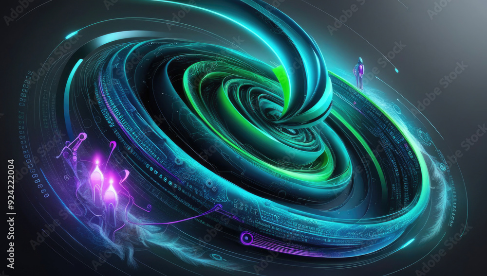 Futuristic neon green and blue spirals in a digital vortex with intricate patterns, tiny humanoid figure observing, symbolizing technology and energy. Futuristic neon green and blue spirals in a digital vortex with intricate patterns, tiny humanoid figure observing, symbolizing technology and energy.