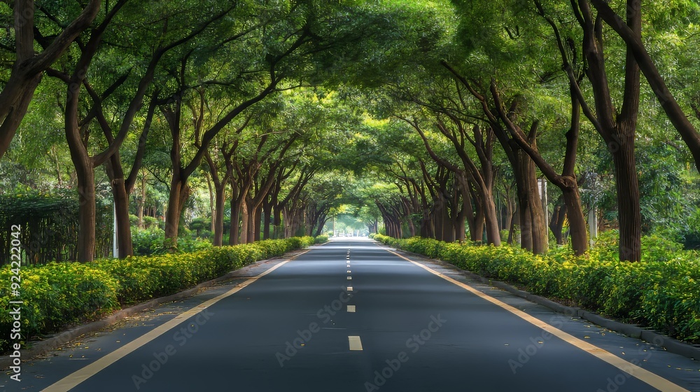 Obraz premium Tall green trees lining both sides of the road form a beautiful natural tunnel covering the entire path, emphasizing the peaceful atmosphere of this simple yet beautiful scenery.
