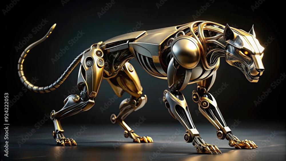 Robotic panther made of gold and black metal with glowing eyes and sharp blade tail, robotic, panther, gold, black Robotic panther made of gold and black metal with glowing eyes and sharp blade tail, robotic, panther, gold, black
