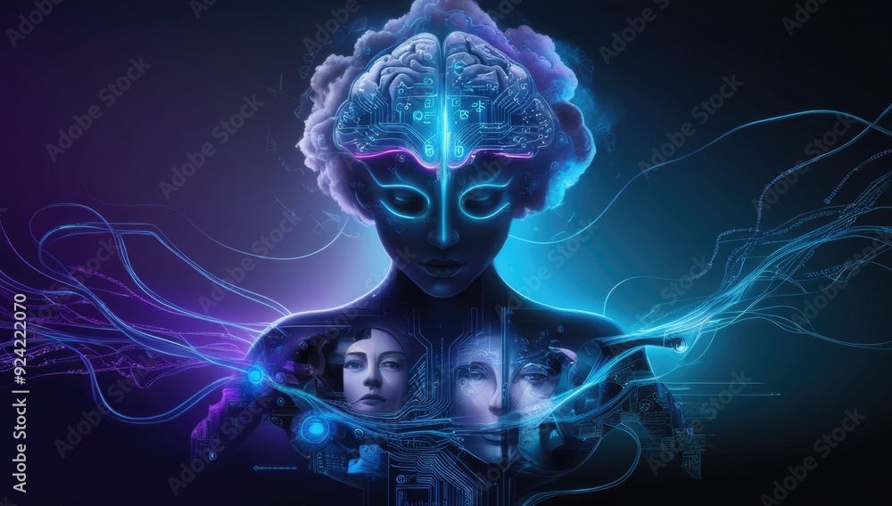 Futuristic female figure with a glowing brain and circuitry, exploring the connection between artificial intelligence and the human mind. Futuristic female figure with a glowing brain and circuitry, exploring the connection between artificial intelligence and the human mind.