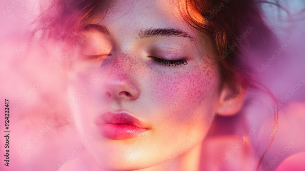 Fototapeta premium A woman with freckles and pink eyes is looking at the camera, AI