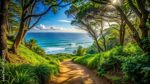 Path leading through a lush forest to the sparkling ocean shore, beach, tropical, paradise, nature, scenic, walkway