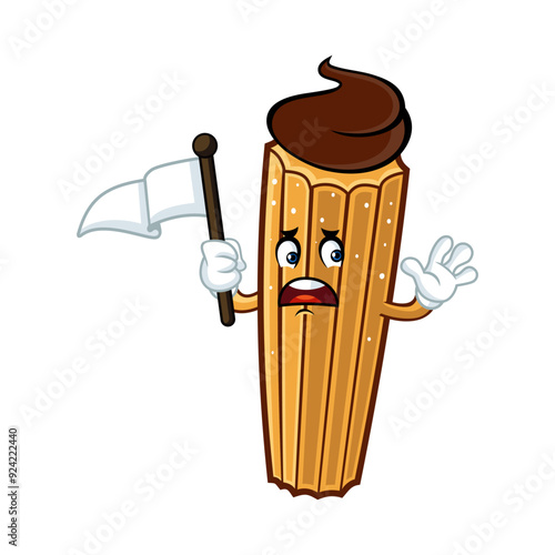 Sad churro mascot character surrendering with a white flag.