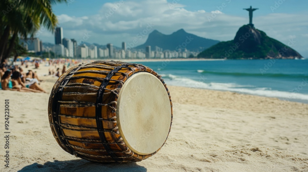Fototapeta premium A wooden drum rests on the sandy beach with a beautiful ocean view. The scene captures a vibrant atmosphere and tropical vibes, perfect for music lovers and beach goers. AI