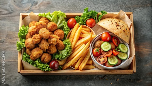 Delicious frybox filled with fries, chicken, potato balls, pita bread, and veggies , food, fast food photo