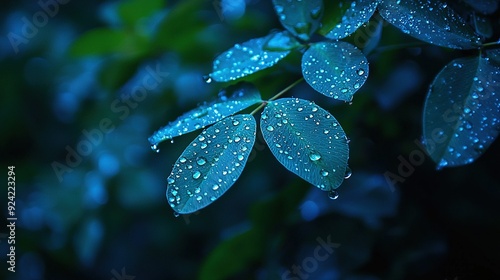  A close-up photo captures water droplets glistening on the leaves in the foreground