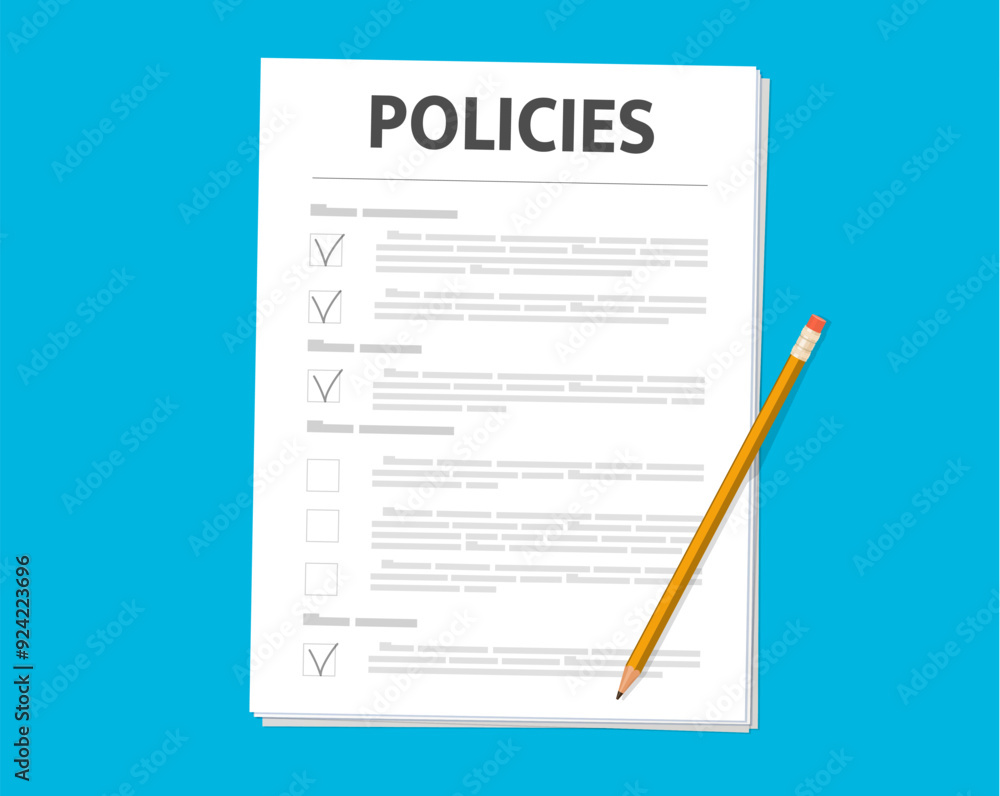 Compliance policy legal document with checklist of business company rules and standards. Vector paper document of compliance policy agreement, corporate guideline with check marks and pencil Compliance policy legal document with checklist of business company rules and standards. Vector paper document of compliance policy agreement, corporate guideline with check marks and pencil