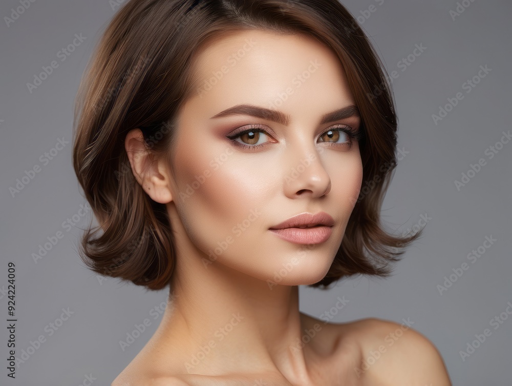 Close-up Portrait of a Woman with Short Brown Hair and Makeup Close-up Portrait of a Woman with Short Brown Hair and Makeup