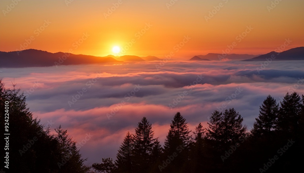 Naklejka premium Sunrise over the sea of ​​fog