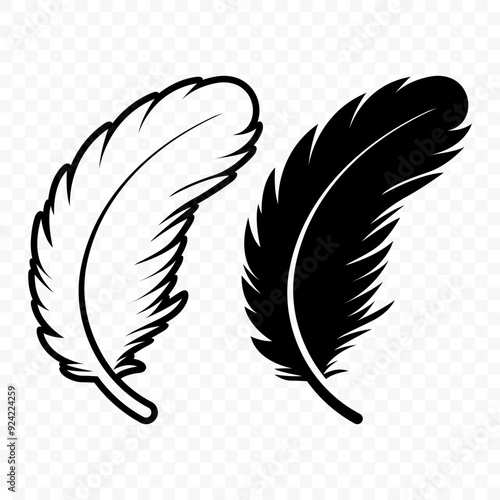 Vector Black and White Fluffy Feather Logo Icons. Silhouette Feather Set Closeup Isolated. Design Template of Flamingo, Angel, Bird Feather. Lightness and Freedom Concept