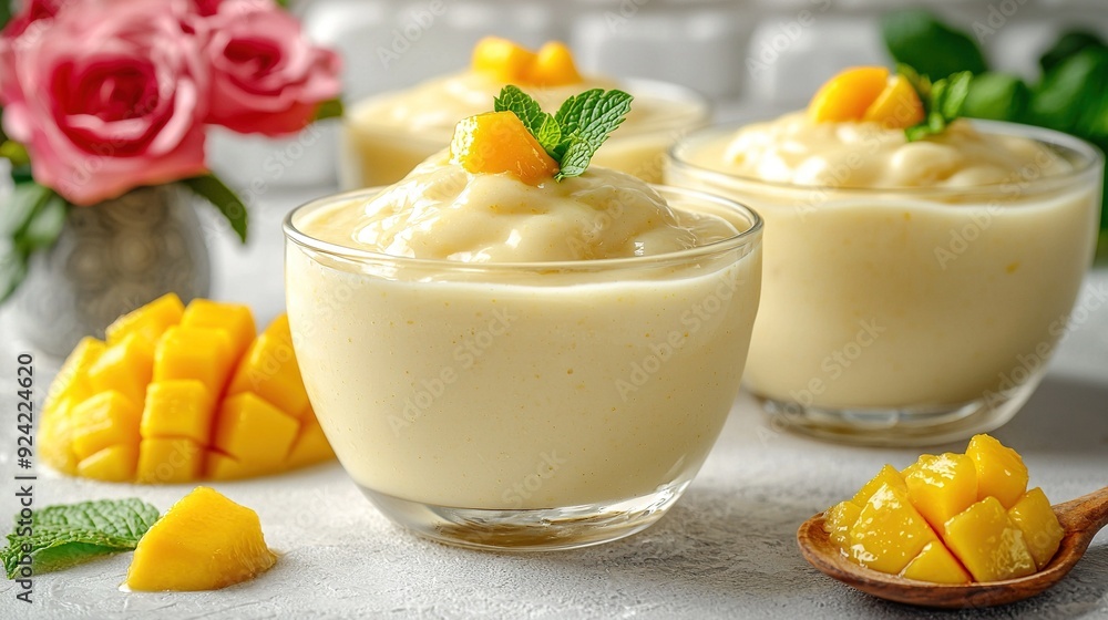 A close-up of a dessert in a glass bowl sits on a table surrounded by other desserts and vibrant flowers A close-up of a dessert in a glass bowl sits on a table surrounded by other desserts and vibrant flowers