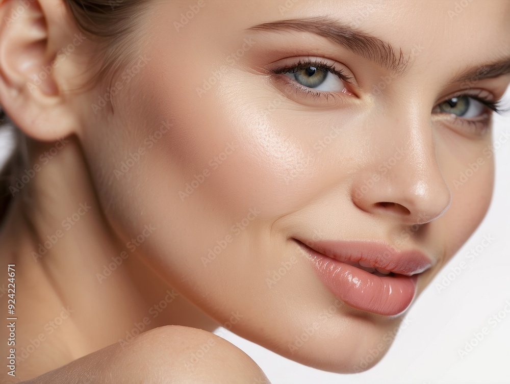 Obraz premium Close-up of a Woman's Face with a Subtle Smile and Soft Makeup