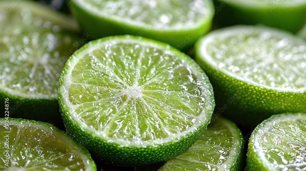 A cluster of limes on a table with water droplets A cluster of limes on a table with water droplets