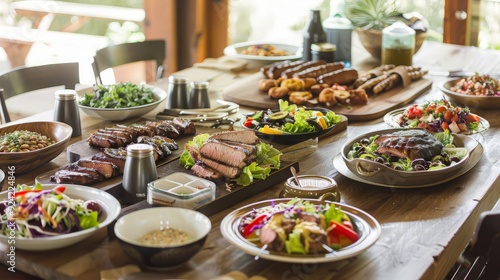 Gourmet Food Spread on Wooden Table