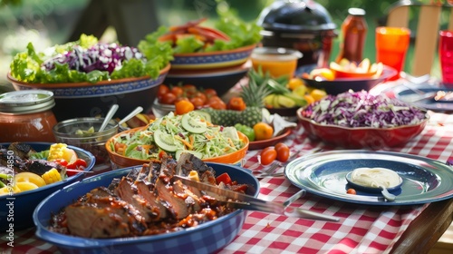 Delicious Barbecue Spread on a Checkered Tablecloth