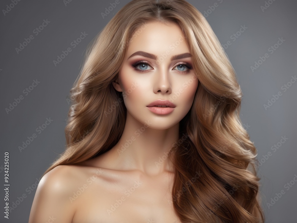 Naklejka premium Portrait of a Woman with Long Blonde Wavy Hair and Makeup