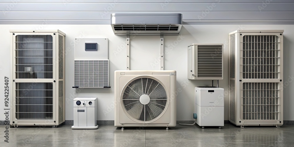 HVAC system components including air conditioner unit, heat pump, thermostat, and ventilation system, HVAC HVAC system components including air conditioner unit, heat pump, thermostat, and ventilation system, HVAC