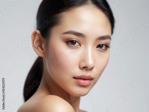 Close-up portrait of a young woman with flawless skin and minimal makeup