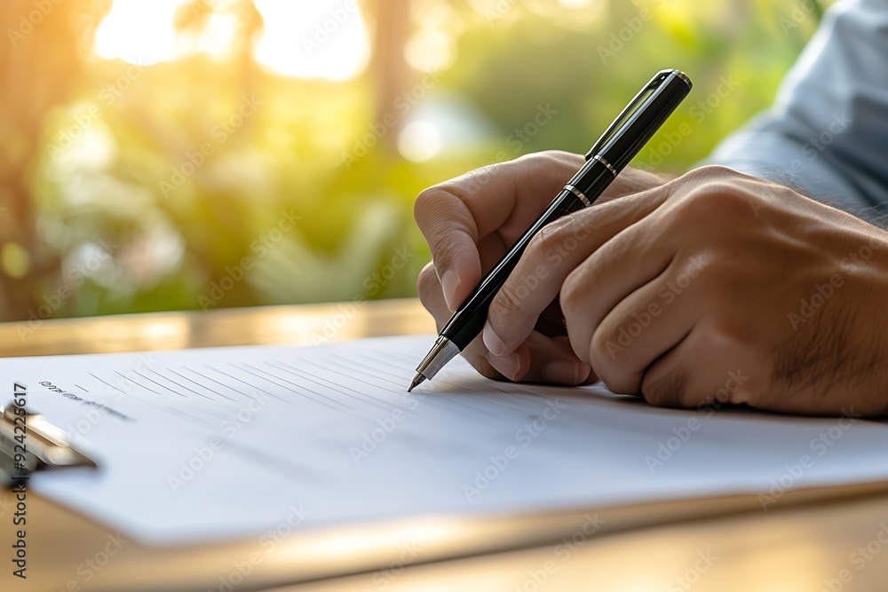 Close-up of a businessman’s hands writing on paper with a pen, making a layout drawing and holding a blank contract document. Close-up of a businessman’s hands writing on paper with a pen, making a layout drawing and holding a blank contract document.