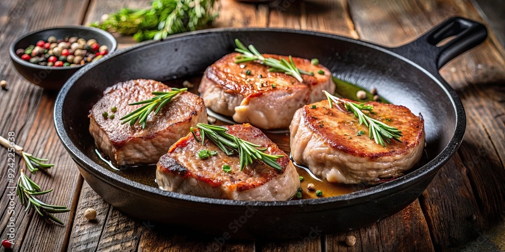 Pork loins sizzling in a cast iron skillet , cooking, pork, loins, cast iron skillet, frying, searing, meat, meal Pork loins sizzling in a cast iron skillet , cooking, pork, loins, cast iron skillet, frying, searing, meat, meal