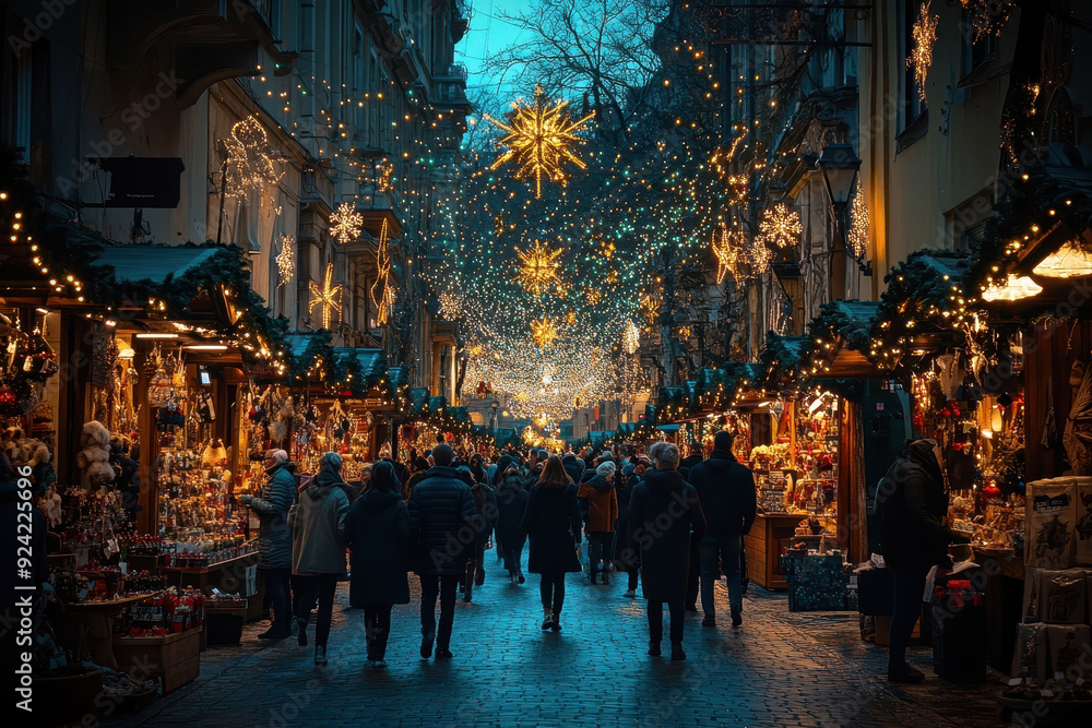 Christmas market stall with festive ornaments and garlands in a winter settingCrowded Christmas street market with festive lights and decorations Christmas market stall with festive ornaments and garlands in a winter settingCrowded Christmas street market with festive lights and decorations