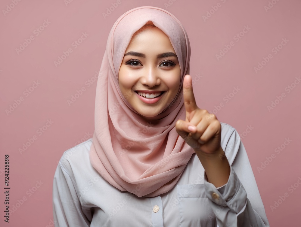 Smiling Woman in Pink Hijab Pointing Upward Smiling Woman in Pink Hijab Pointing Upward