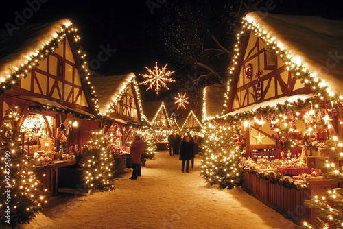 Snow-covered Christmas market with illuminated stalls and festive atmosphere photo