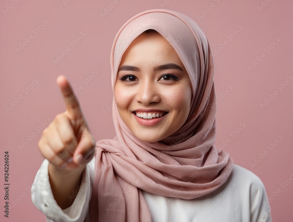 Smiling Woman in Pink Hijab Pointing at Empty Space Smiling Woman in Pink Hijab Pointing at Empty Space