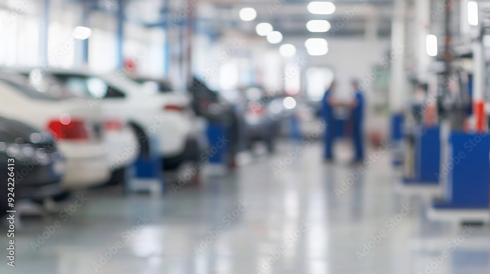 Blurred background of an auto repair shop with cars on lifts and mechanics working in the garage Blurred background of an auto repair shop with cars on lifts and mechanics working in the garage