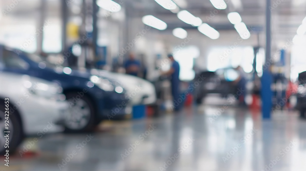 Blurred background of an auto repair shop with cars on lifts and mechanics working in the garage Blurred background of an auto repair shop with cars on lifts and mechanics working in the garage