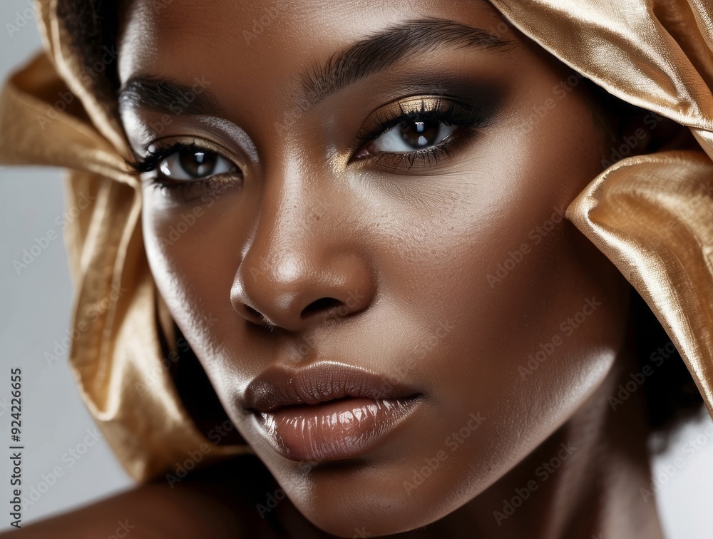 Close-up Portrait of a Woman with Golden Fabric and Dramatic Makeup Close-up Portrait of a Woman with Golden Fabric and Dramatic Makeup